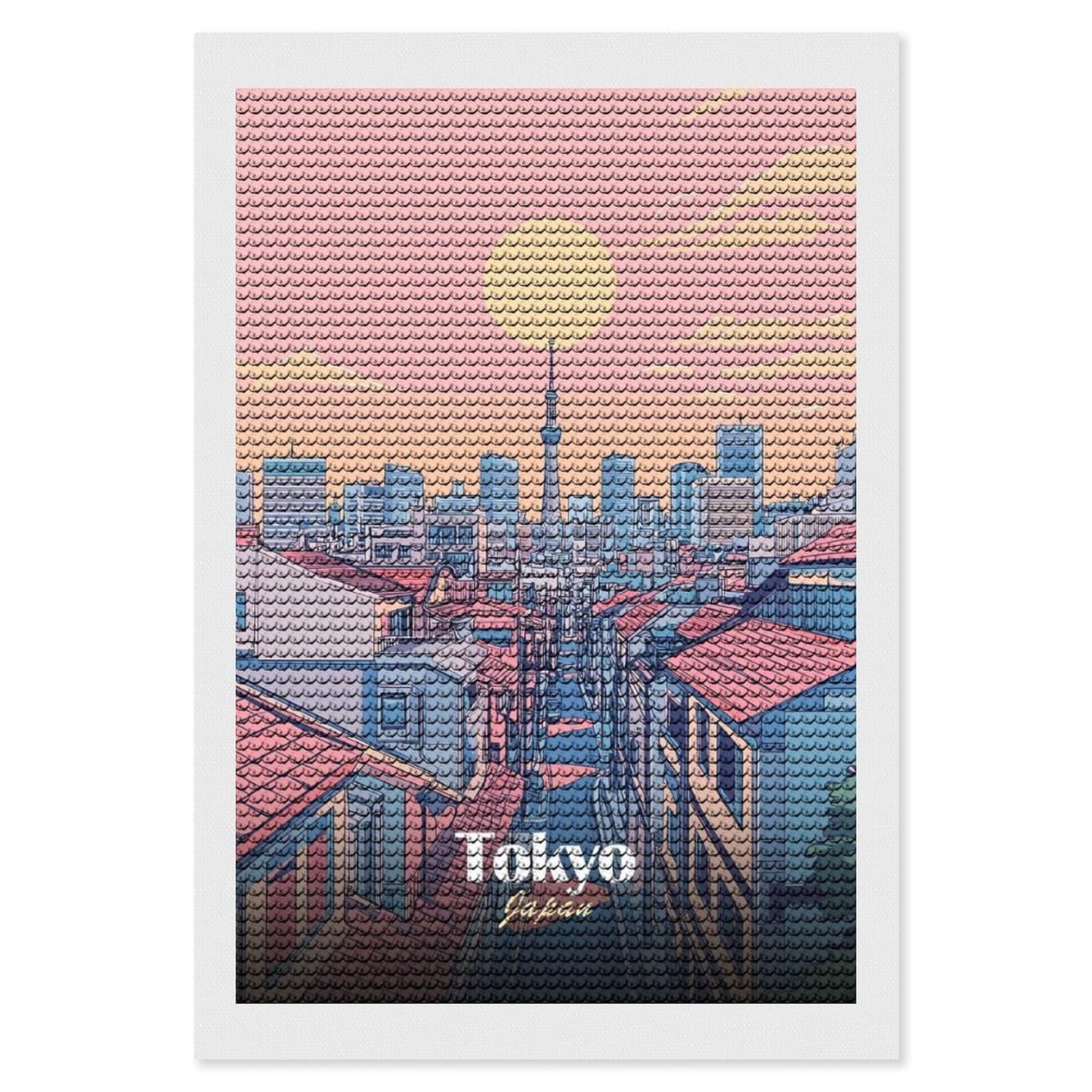 Junmoney Tokyo Skyline Illustration Diamond Art Kit 8"x12", Bedroom Decor, Adhesive Canvas, Full Kit Included, Thoughtful Present, Birthday Gift