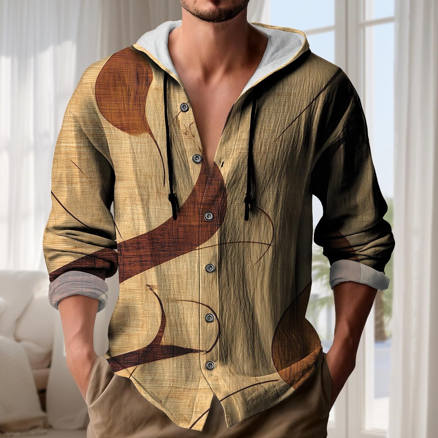 MARSVOVO Mens Sweatshirts Summer Long Sleeve Drawstring Button Up Shirts with Hood Loose fit Beach 2025 Hawaiian Hoodies - Image 2