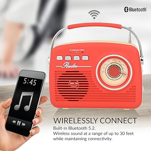 Miniatura 5 de Supersonic SC-1201BT - Altavoz Bluetooth portátil retro con vibraciones vintage, radio AM/FM, tarjeta USB/SD/entradas AUX, en un bonito estilo Rojo