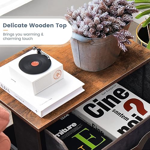 Miniatura 6 de Giantex Mesita de noche con 2 cajones, juego de 2, mesa auxiliar pequeña con contenedores de tela extraíbles y parte superior de madera, marco de