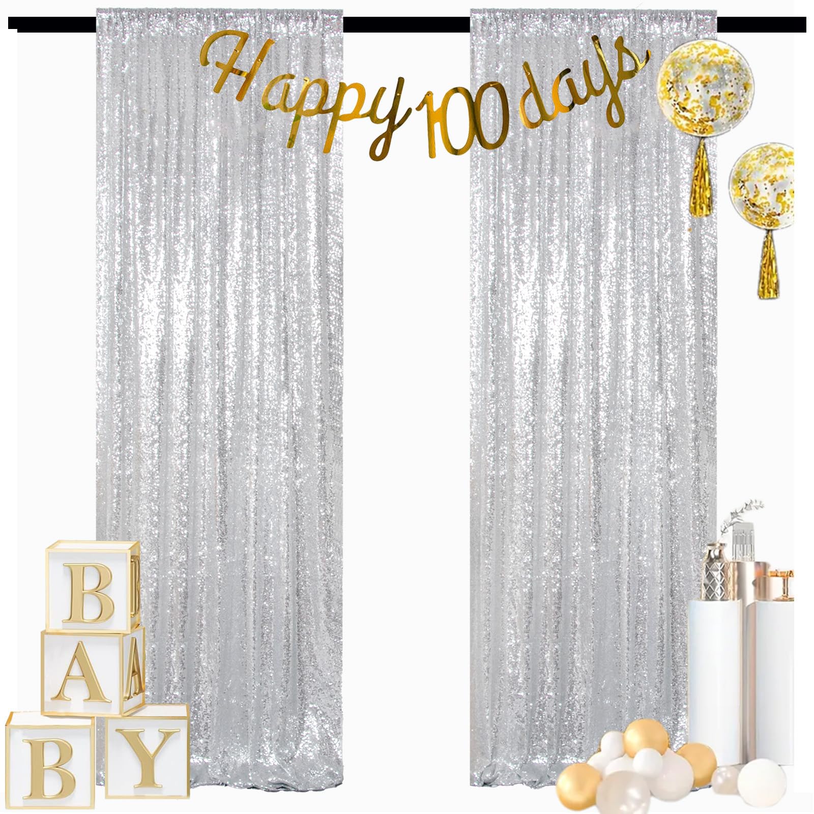 ShinyBeauty Silver Backdrops 2 Pieces Sequin Curtains 4FTx7FT Photoshoot Background Shimmer Backdrop Curtain Panels Sparkle Backdrop for Birthday,