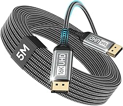 DisplayPort Cable 2.1 5M-DP Cable Supports 16K@60Hz, 10K@60Hz, 8K@120Hz, 4K@240Hz/165Hz/144Hz, 2K@360Hz/240Hz, 80Gbps, HDR, DSC1.2a, FreeSync, G-Sync for Monitor Gaming, Graphics Card, PC