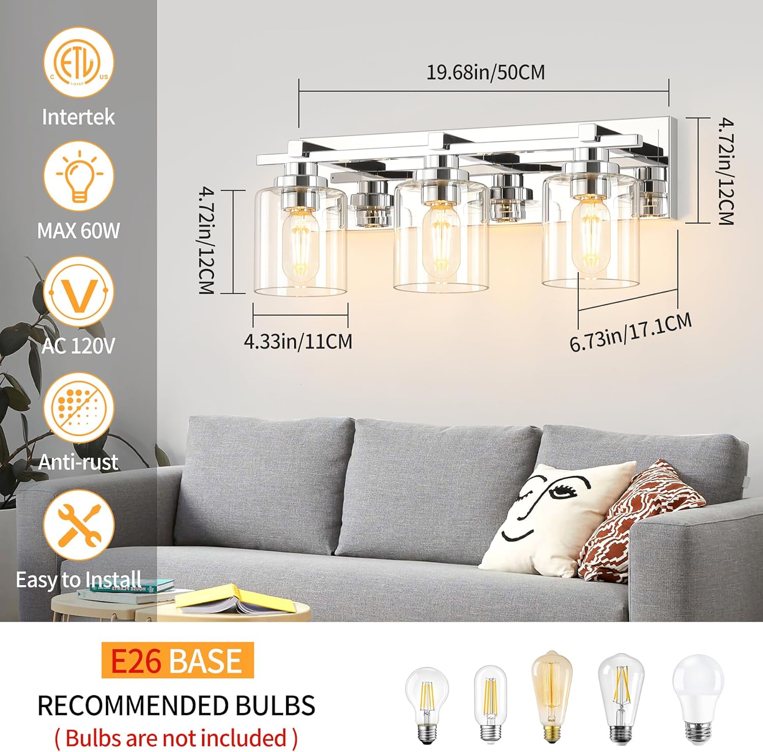 3 Light Modern Bathroom Light Fixtures Over Mirror, Chrome Vanity Lights for Bathroom Wall Sconces with Clear Glass Shades, E26 Socket (Bulbs Not Included)