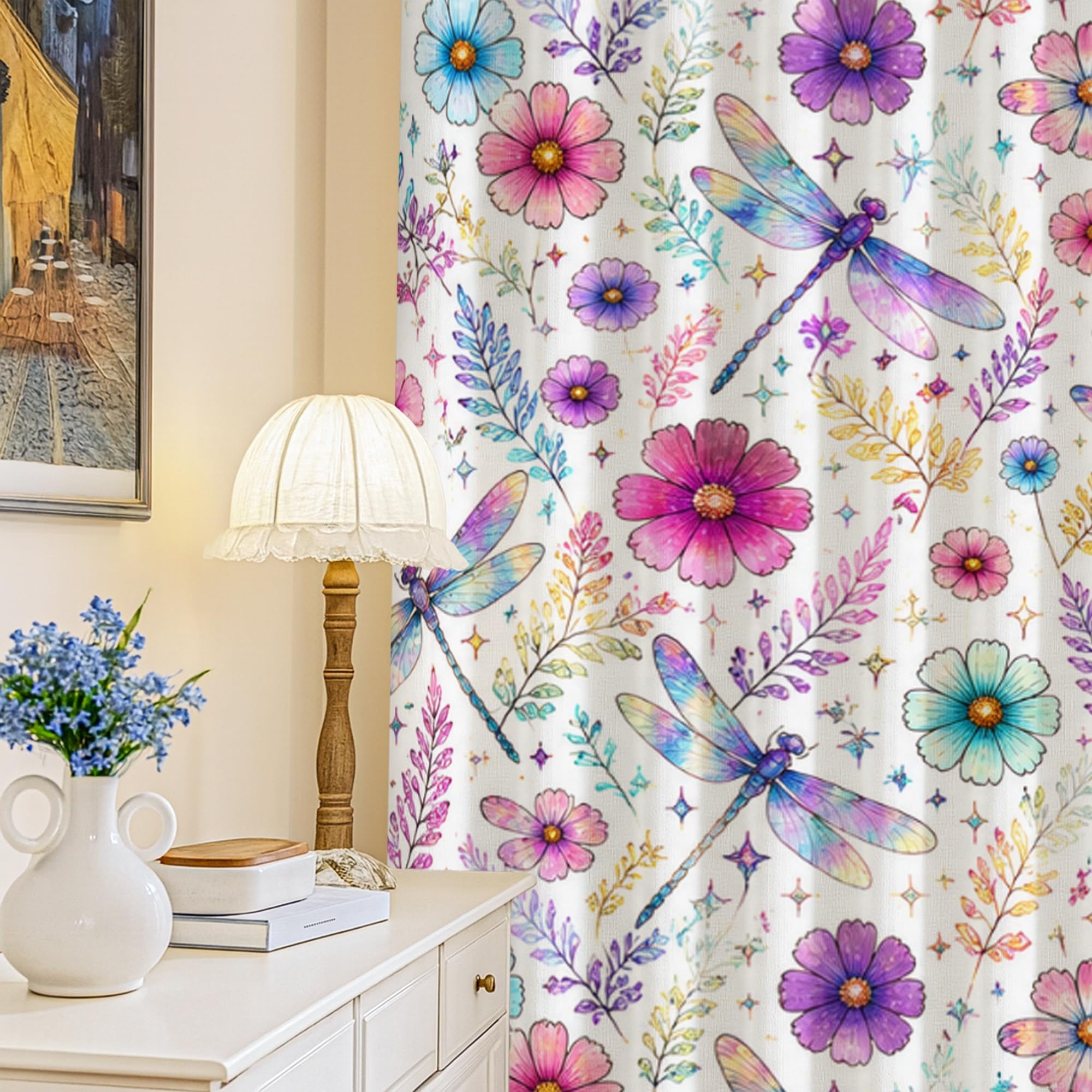 Rideaux occultants libellule lavables en machine motif fleurs violettes