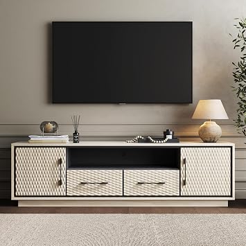 BELLEZE 68 Inches Entertainment Center with Storage & 2 Drawers,Mid Century Modern Embossed TV Stand for Tv Up to 75",Media Console Cabinet for Living Room