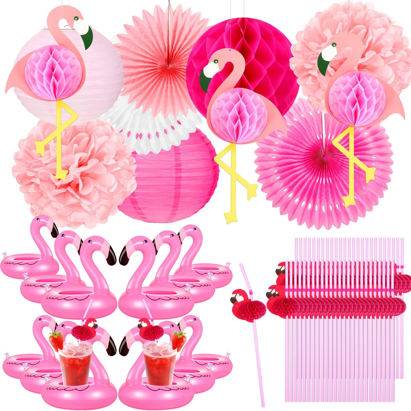 Tropical Pink Flamingo Party Decorations Set, Pom Poms Honeycomb Balls Paper Fans and Lanterns, 50 Plastic Drinking Straws and 12 Inflatable Pool Drink Holders for Hawaiian Summer Beach Party Favors