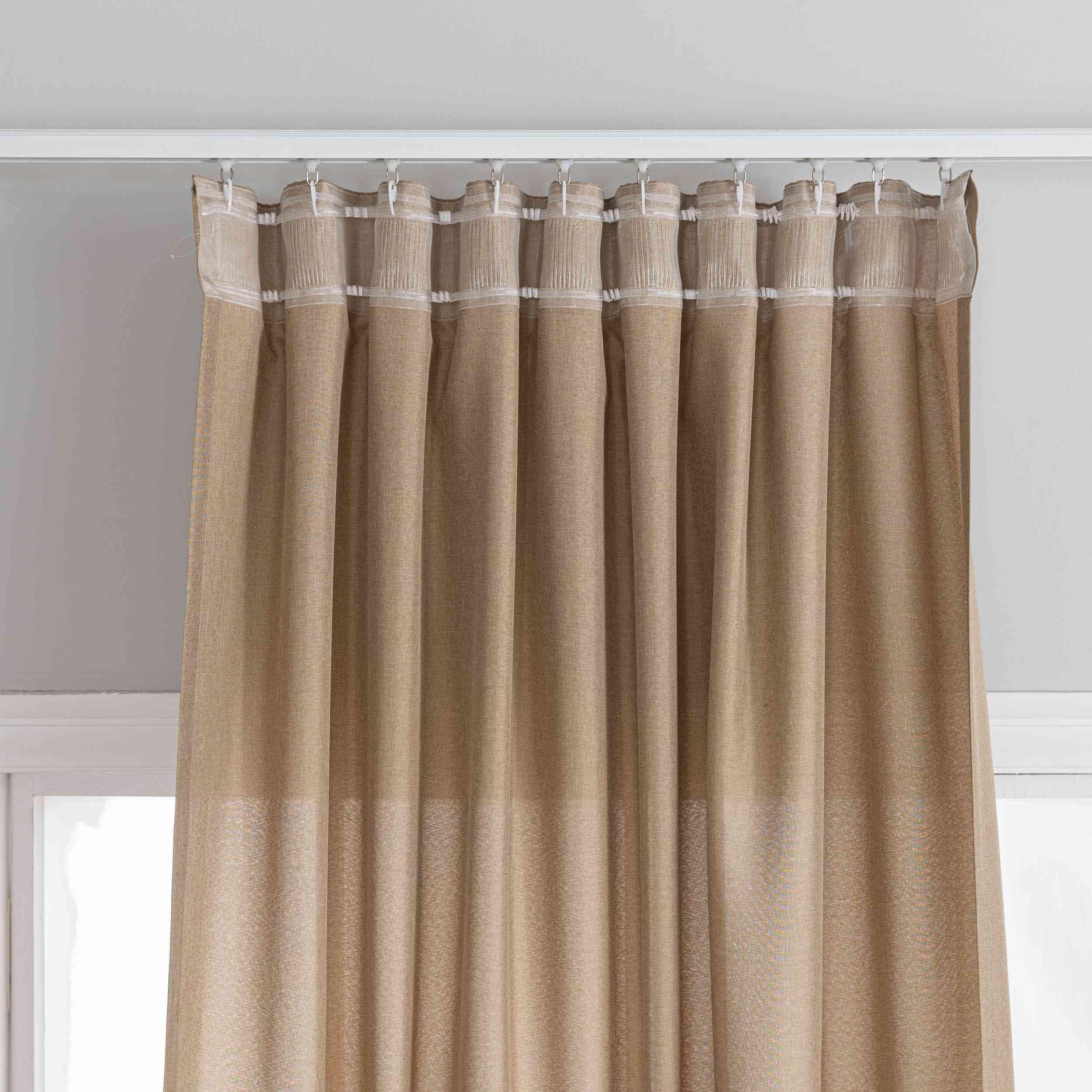 Gardinen-Set 3-teilig S Wien« | 2 Vorhänge Leinenoptik HxB 245x145 cm Taupe und 1 Voile Batist Store HxB 245x300 cm Weiß 1:2 Wellenband 2025100-110S1