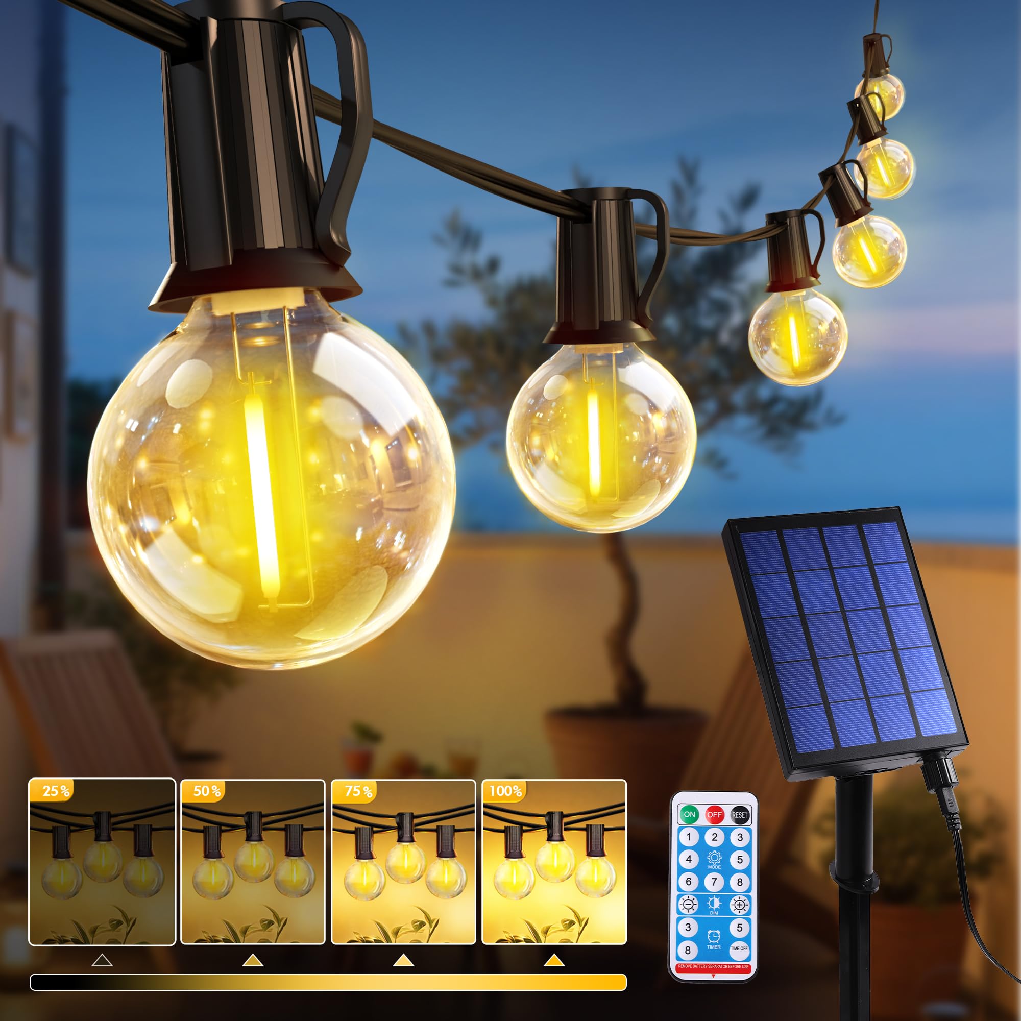 Lichterkette Außen Solar 18M 30+4 LED Glühbirnen Lichterkette Outdoor mit 3600mAh Akku, IP44 Wasserdicht, 8 Modi, Fernbedienung &Timer, Solarlichterkette für Garten, Balkon, Terrasse, Hochzeit