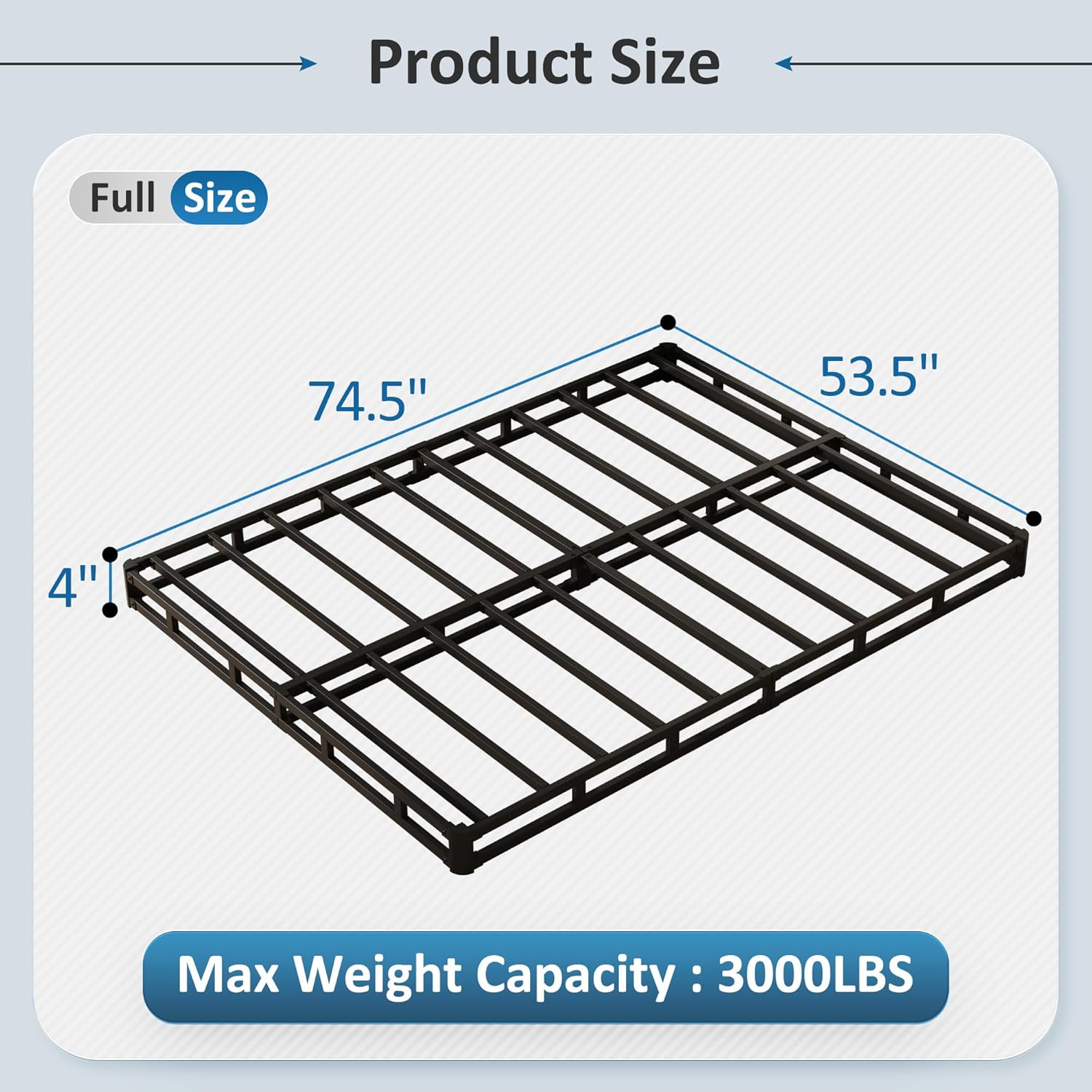 4 inch full size box spring with fabric cover, noise free mattress foundation, heavy duty bed base, easy assembly, black, white