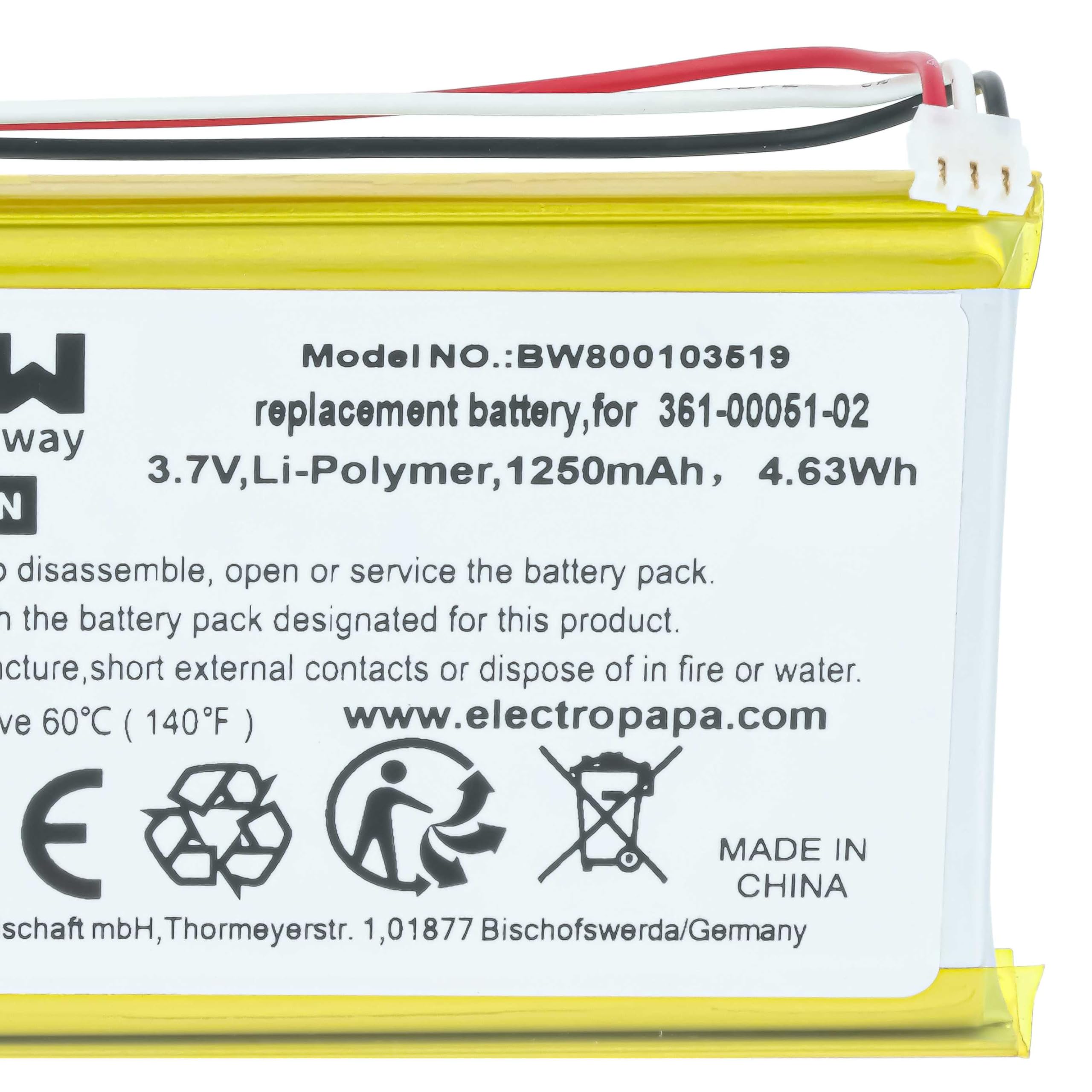 vhbw Bateria zamienna do Garmin 361-00051-01, 361-00051-02, 361-00051-00 do nawigacji GPS (1250 mAh, 3,7 V, Li-Ion)