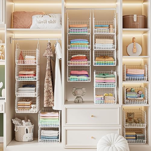 Miniatura 8 de Organizador de armario plegable extra profundo de 4 pulgadas, estantes pequeños de alambre y almacenamiento con 5 ganchos en S, cestas de metal de 4