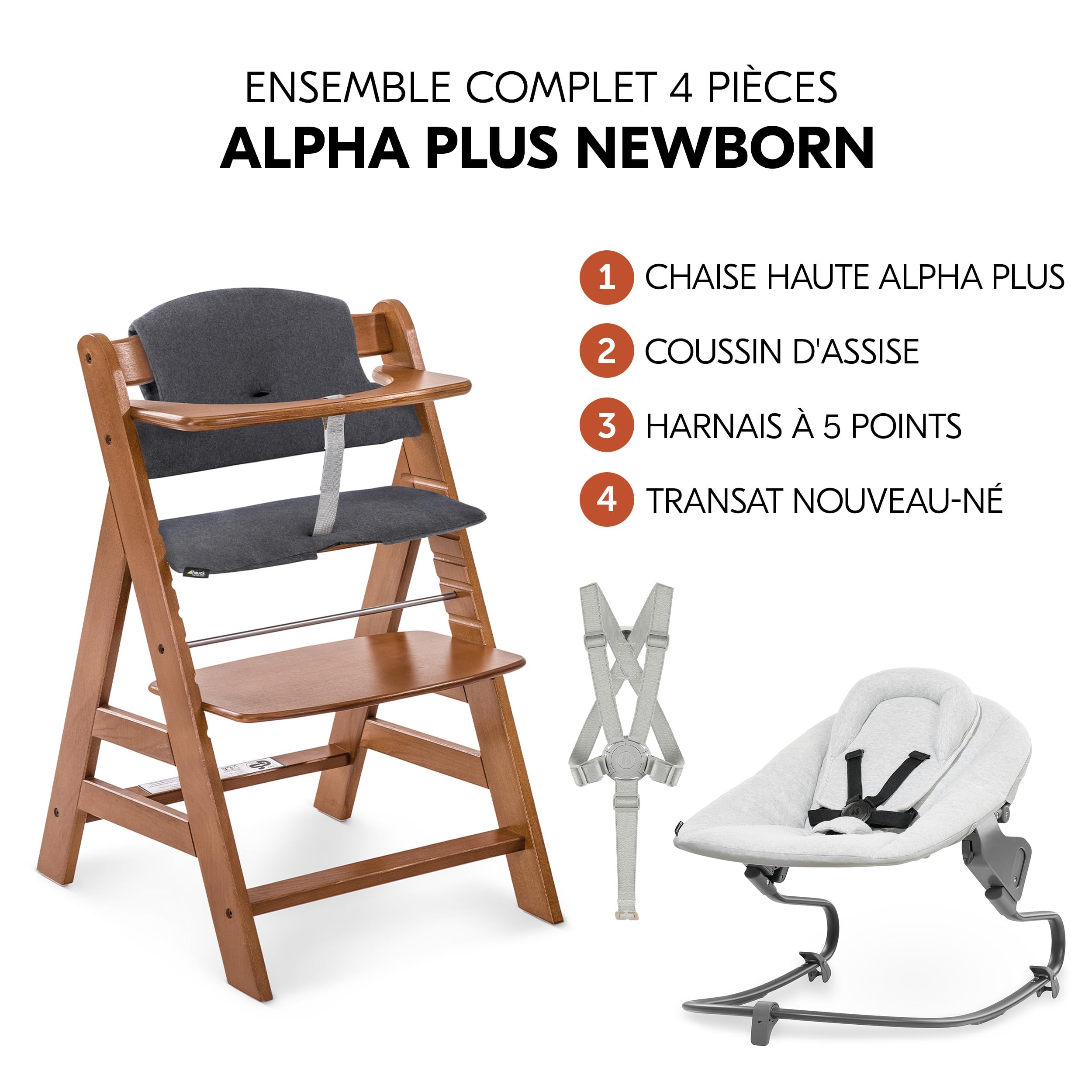 hauck Chaise Haute Bébé Alpha+ avec Siège Nouveau-né Premium - Walnut | Chaise haute évolutive en bois, de la naissance à 90 kg, inclus assise bébé avec réducteur, coussin, idéal pour repas