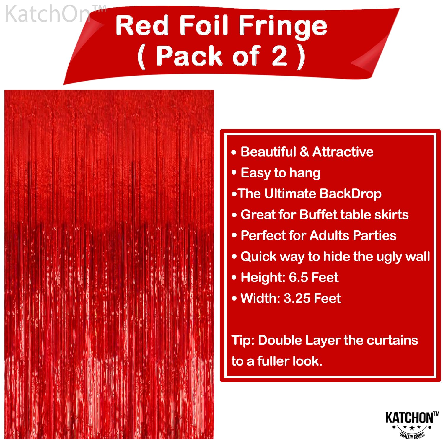 KatchOn, Decoraciones de fiesta de serpentinas rojas, extra grandes, 3.2 x 6.5 pies, paquete de 2, telón de fondo rojo para decoraciones de cumpleaños rojas, telón de fondo de Navidad, decoraciones de
