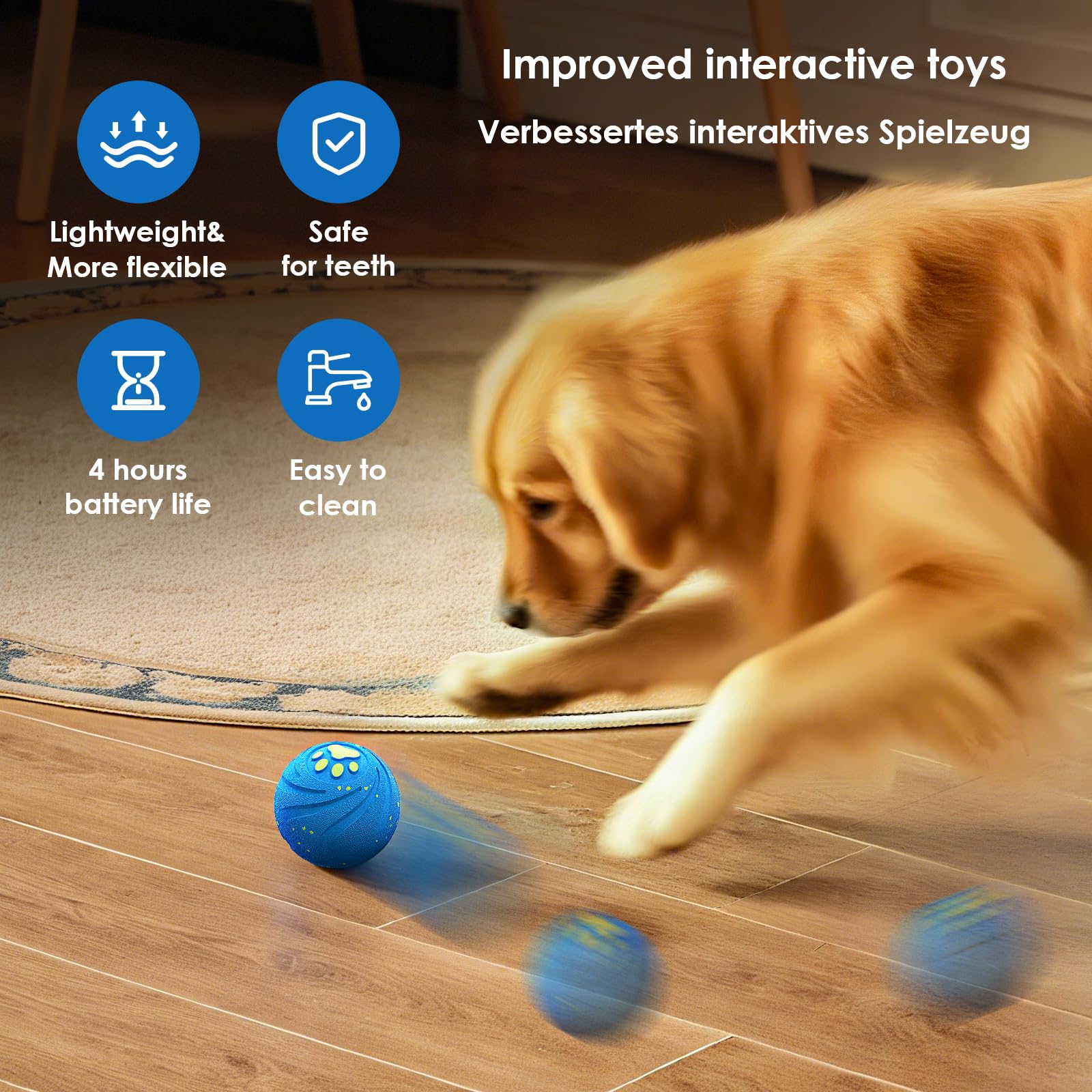VNAKIO Balle interactive pour chien - Jouet intelligent pour chien - Avec 3 modes de jeu - Cadeau d'anniversaire - Rechargeable par USB - Bleu