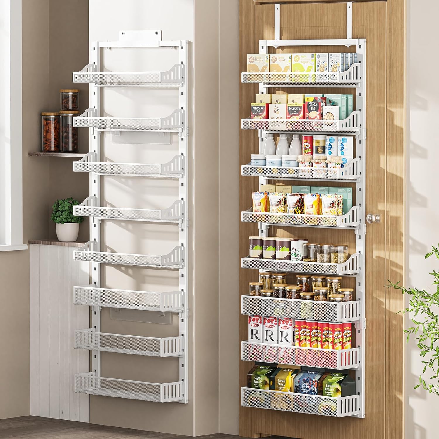 Over the Door Pantry Organizer 8-Tier, Large Metal Door Spice Rack with Adjustable Basket, 2 in 1 Wall Mount or Hanging Heavy-Duty Pantry Door Storage Shelf for Kitchen and Bathroom, White White 8 Tier