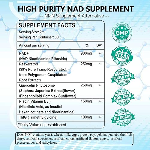 Miniatura 2 de Paquete de 2 suplementos NAD, liposomal NAD nicotinamida ribósido resveratrol 900 mg Quercetion, TMG, vitamina B3, suplemento líquido NAD+ de alta