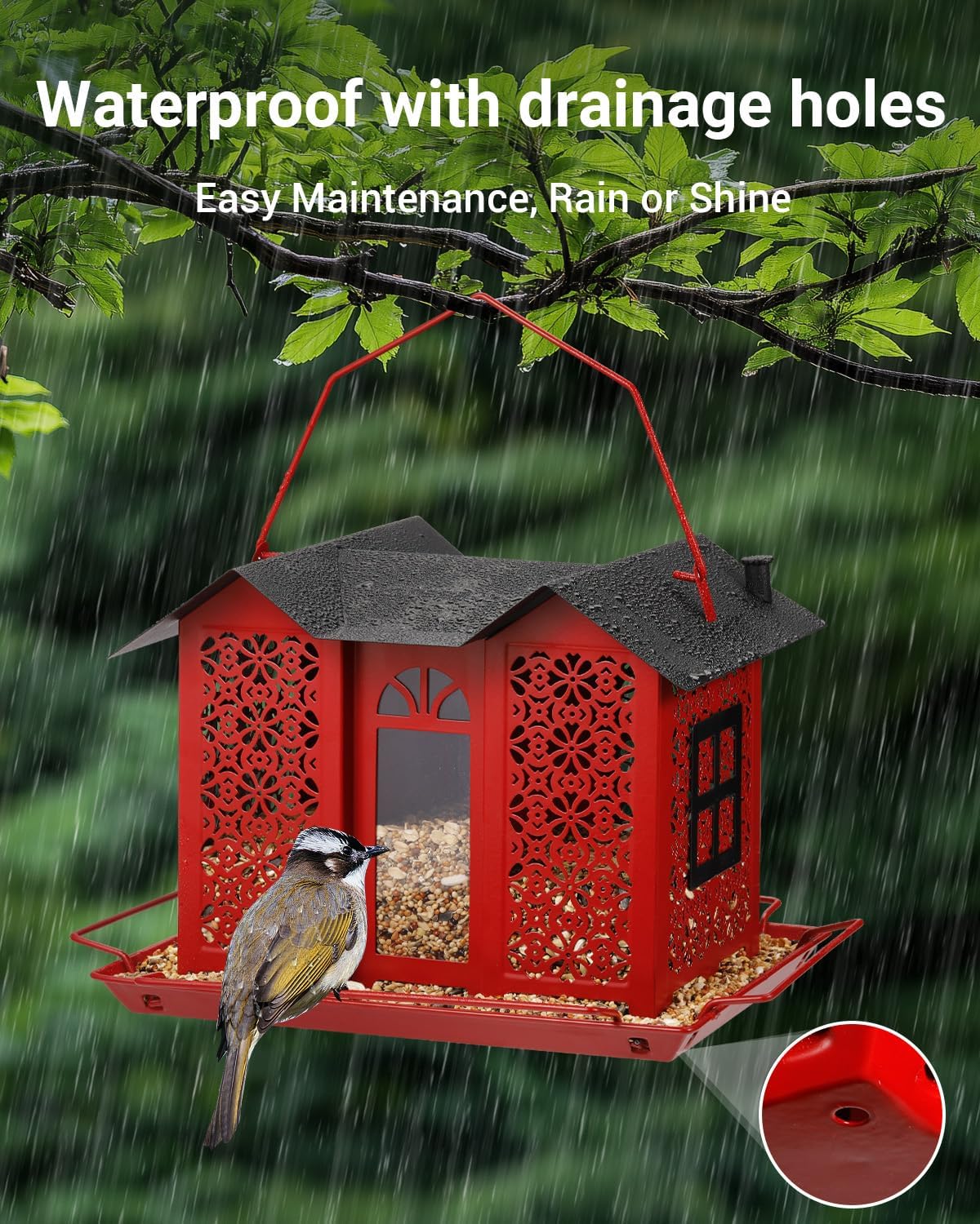 Bird Feeders for Outdoors, Metal Mesh Wild Bird Feeder with Triple Feeders for Finch Cardinal Chickadee, Large Capacity, Weatherproof and Durable, Red