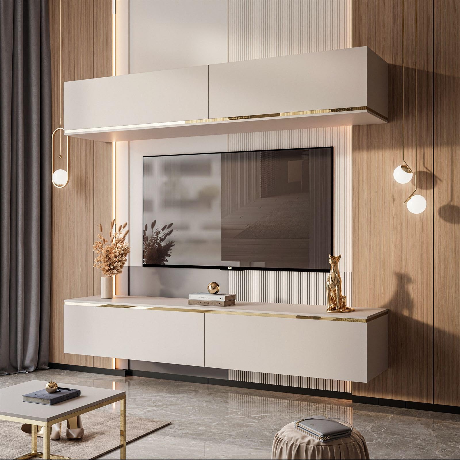 Lookway Hängende Wohnwand Aurora Kaschmir mit Goldener Dekorativer Leiste, LED-Option zur Wahl Modernes Wohnzimmermöbel (mit LED Beleuchtung)