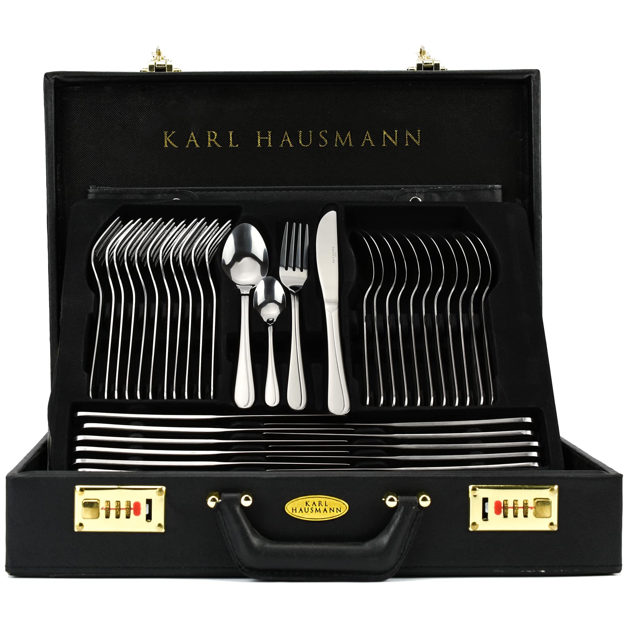 KARL HAUSMANN Set Posate 12 Persone, 72 Pezzi in Acciaio Inox 18/0 con Valigetta - Servizio Posate con Coltelli Forchette Cucchiai + Posate da Servizio, Lucido, Lavabili in Lavastovigli