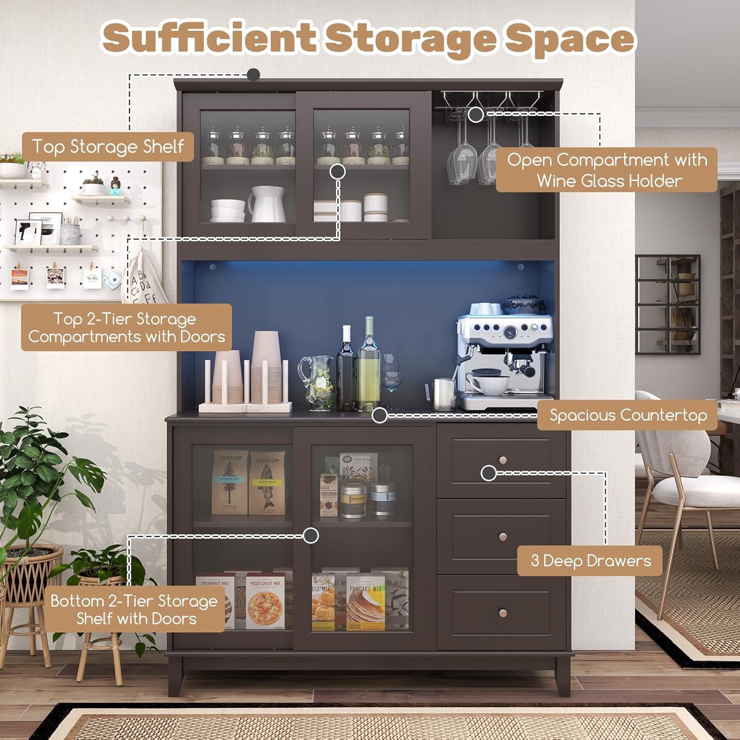 Detailed diagram highlighting various storage areas: top storage shelf, 2-tier storage compartments with doors, open compartment with wine glass holder, spacious countertop, and 3 deep drawers