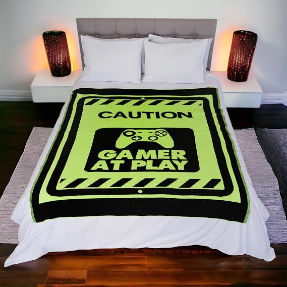 DALISA Neon Gamer örgü battaniye 130 x 170 cm, yumuşak akrilik iplikten yapılmış konforlu battaniye (Neon Sarı)