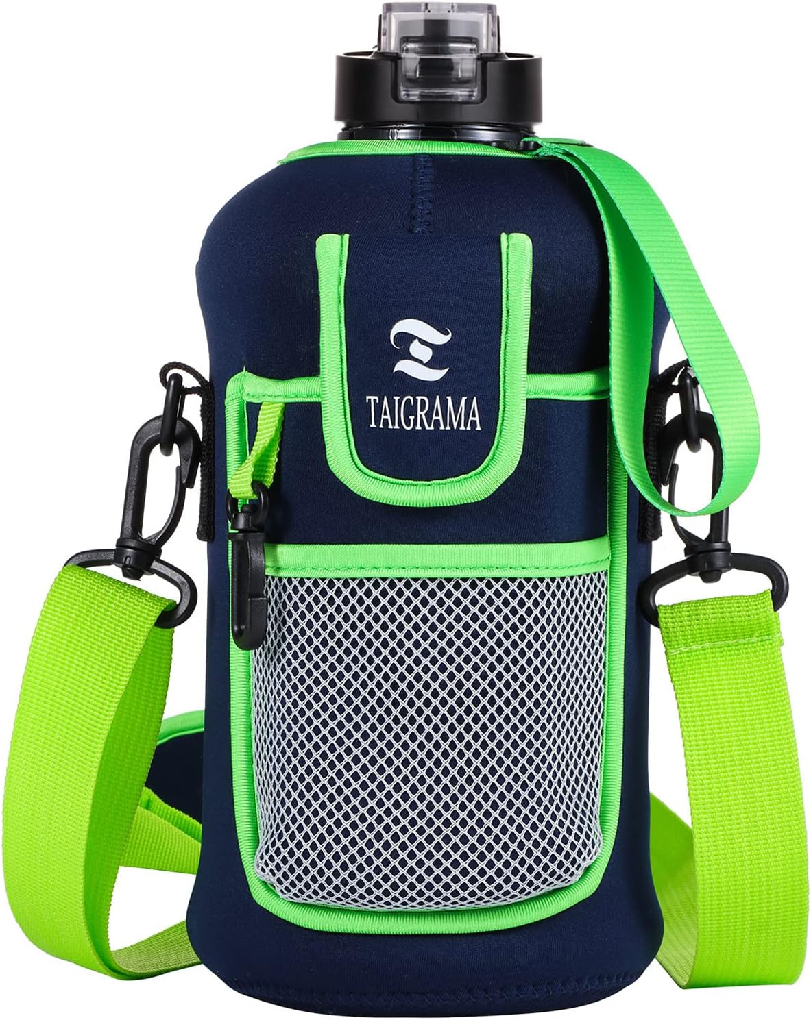 TAIGRAMA Half Gallon Water Bottle, Large Water Jug with Strap & Insulated Sleeve Phone Case (No Straw), BPA Free Reusable Workout Sports Water Bottle for Men & Women, 74OZ/ 2.2L (Navy Blue)