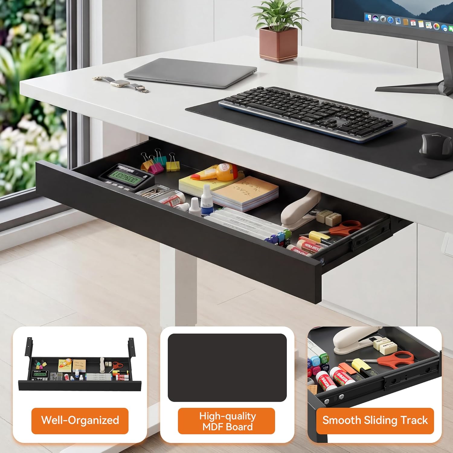 Under Desk Hanging File Organizer Drawer, Slim Lockable Storage Cabinet with Sliding Tray, Fits Letter/A4 Size, 18.5"x7.9"x1.4" for Office Home Standing Desk (BLACK)