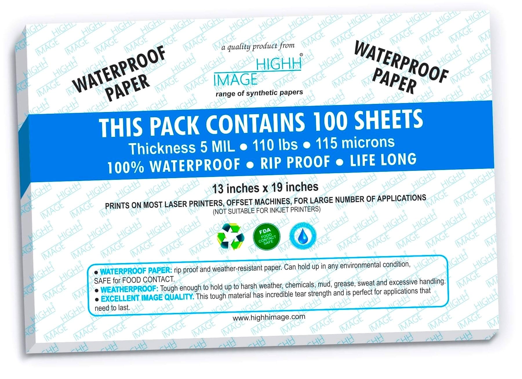 Waterproof Papers Tear-Proof Paper, Weather-Proof Paper 33 cm X48.2 cm 100 Sheets, 110 LB Thick 5 MIL Laser Printer Paper