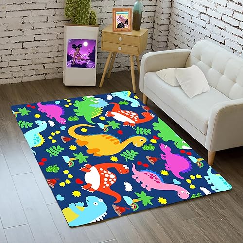 Miniatura 6 de Alfombra de dinosaurio, alfombras de dinosaurios de dibujos animados para dormitorio de niños, lindas alfombras de área de dinosaurios para niños,