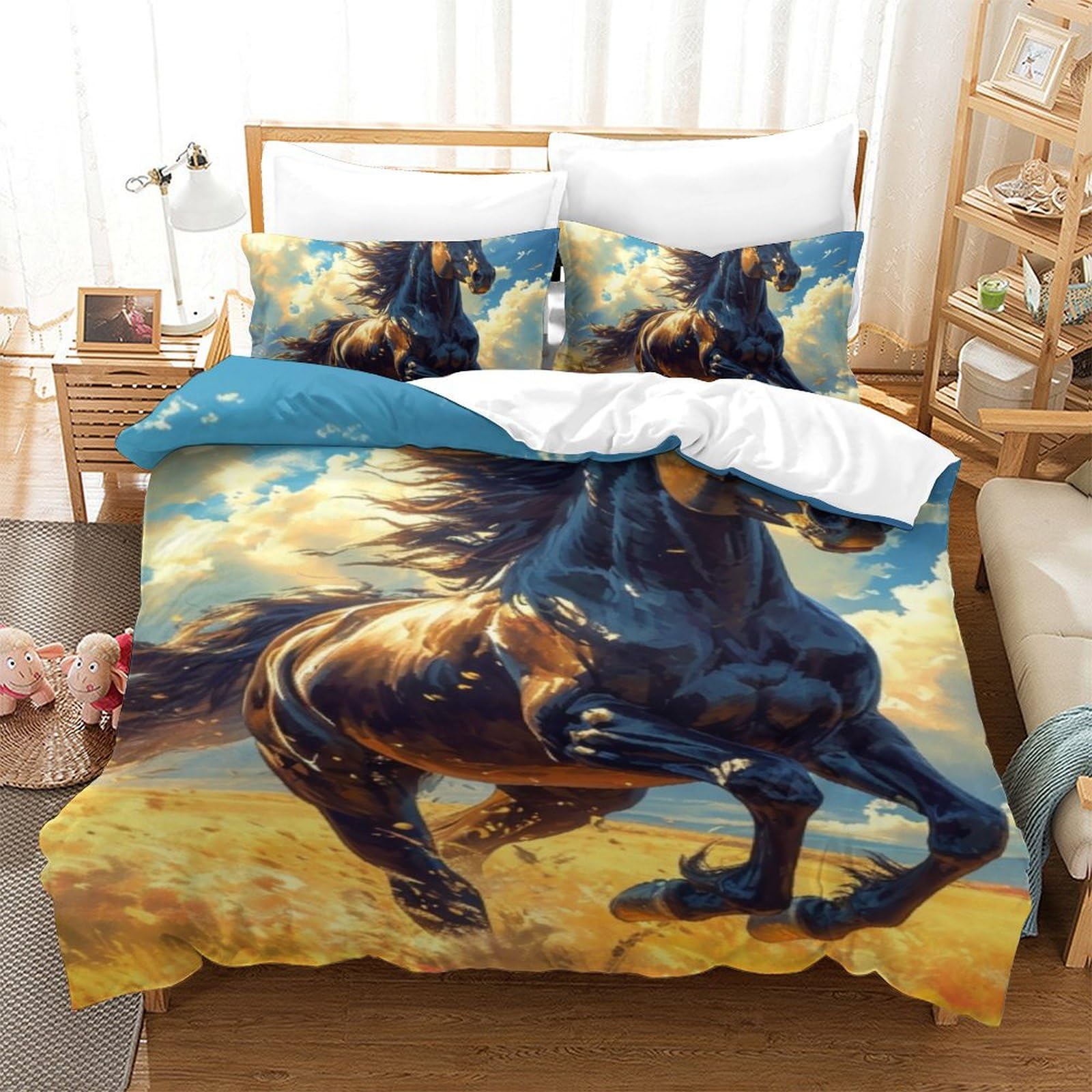Housse de couette cheval vintage 140x200cm pour chambre d'ado