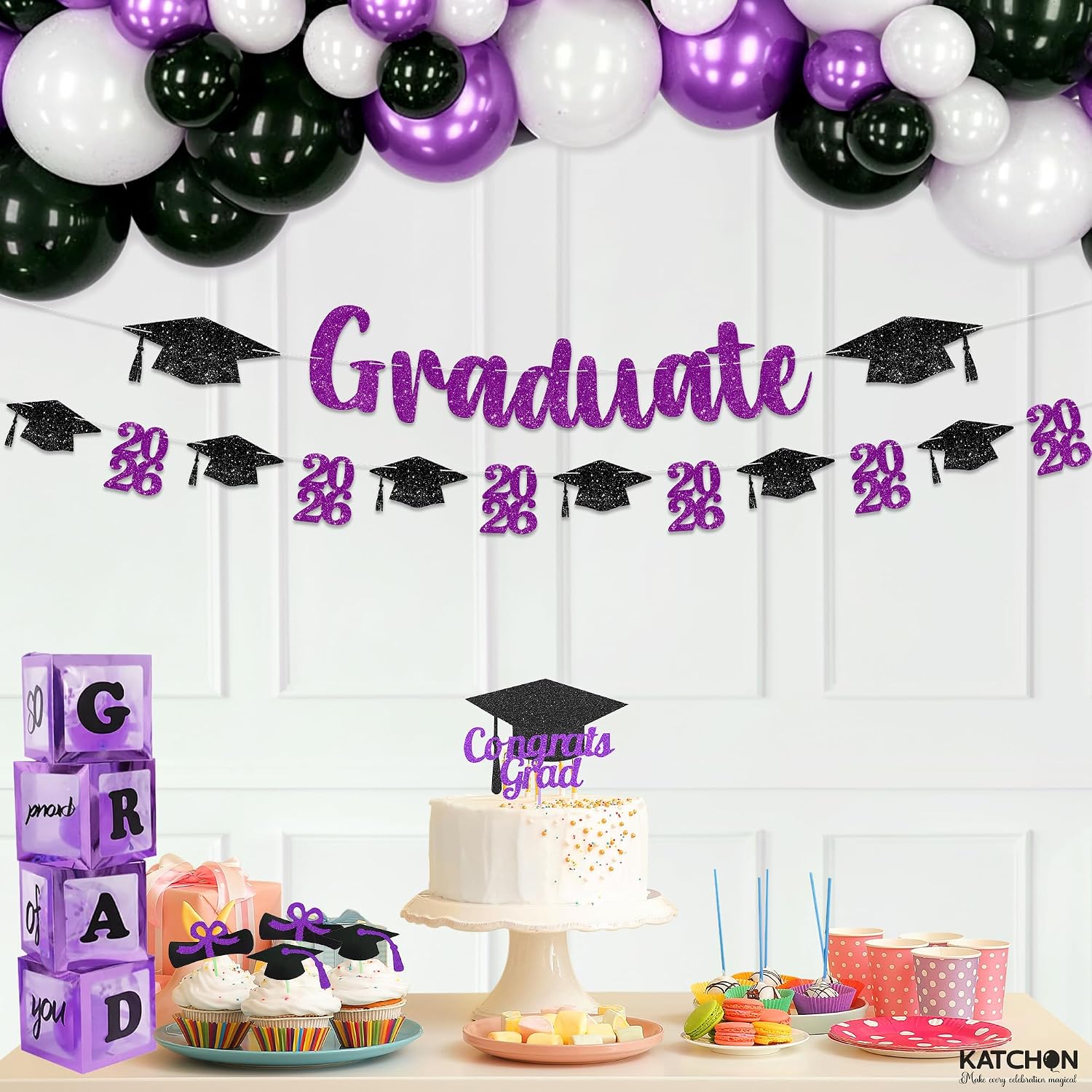 Glitter Purple and Black Graduation Decorations - 10 Feet | Pre- Strung, Congratulations Graduate banner | Black and Purple Graduation Decorations 2026 | Graduation Party Decorations 2026 - KatchOn