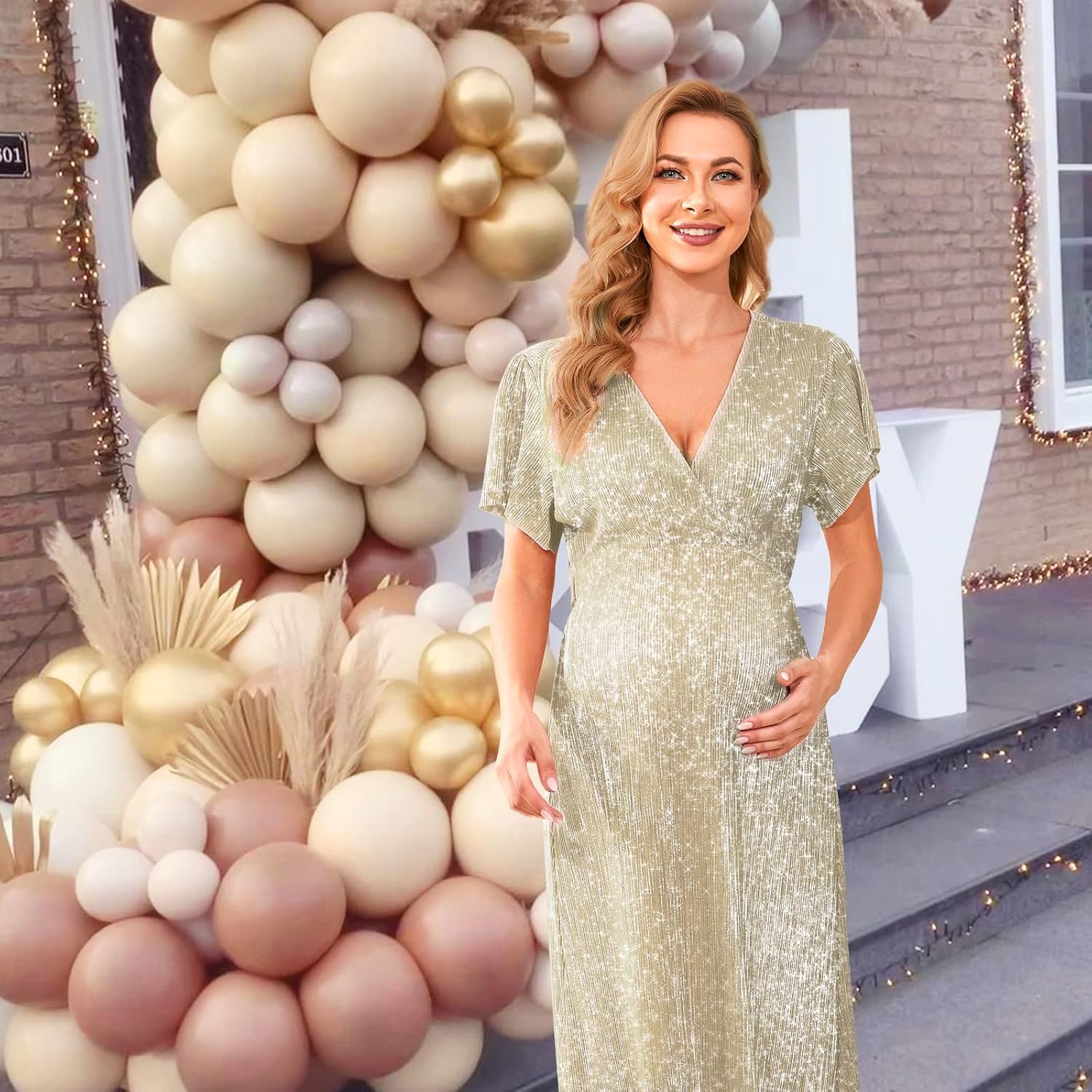 guruixu Sparkly Glitter Maternity Dress for Photoshoot Baby Shower Party, Wrap Pleated Ruffle Sleeve Sequin Maternity Dress Champagne : Clothing, Shoes & Jewelry