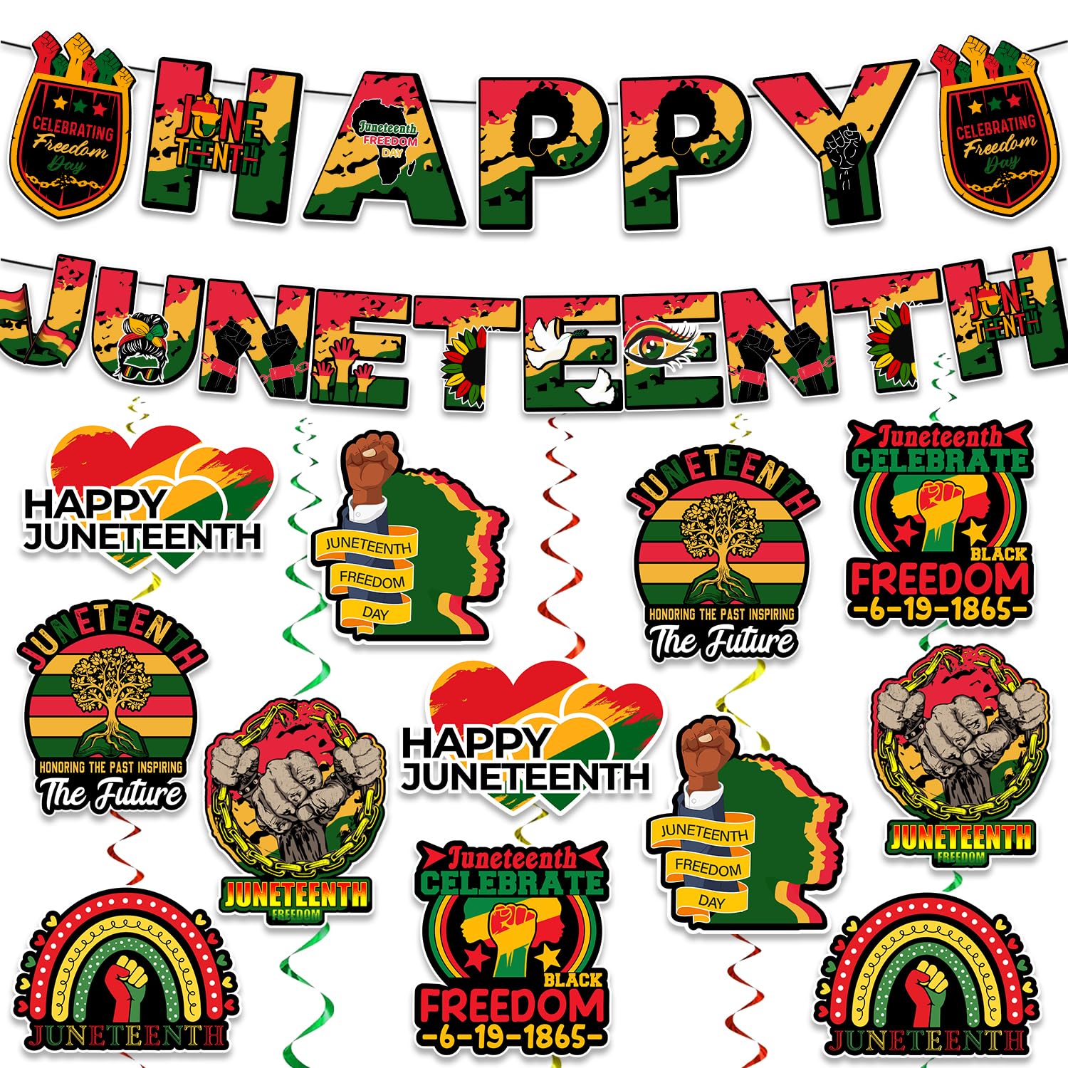14pcs Juneteenth Decorations Banner Set Include 2pcs Happy Juneteenth Banner and 12pcs Double-Sided Print Hanging Swirl African Afro American