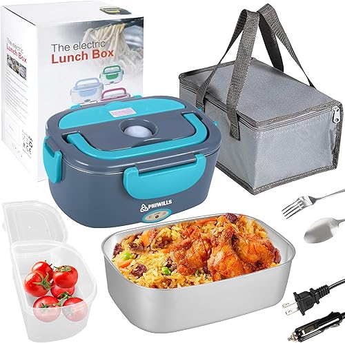 Miniatura 3 de PHIWILLS Fiambrera eléctrica de 1.5 L y 1.8 L, contenedor calentador de alimentos, lonchera 3 en 1 para cochecamióntrabajo con compartimento de 0.45