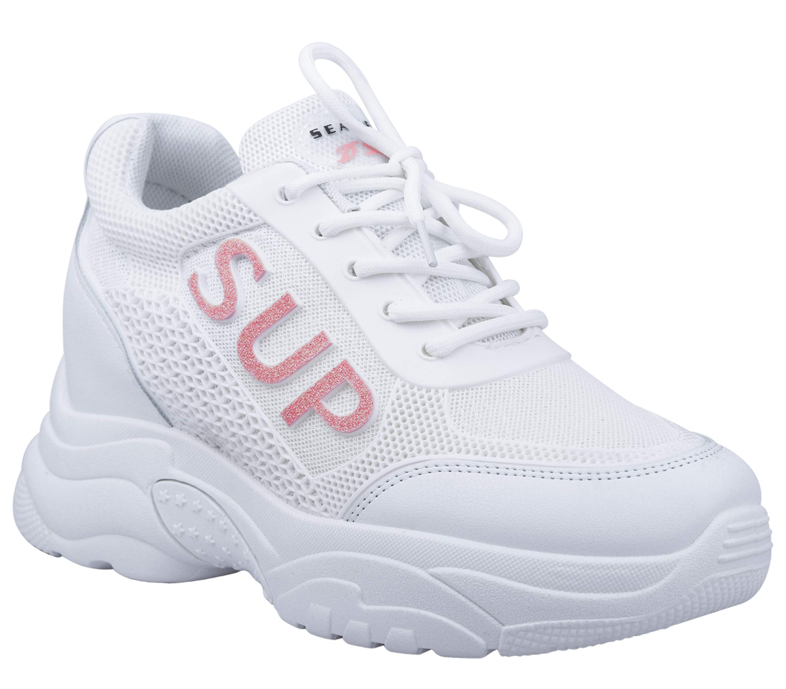 CASSIEY Womens Inner High Heel Sports SUP Lace Super Soft and Comfortable Running Shoes - White/Pink - 6 UK (B09WHRV56B) Amazon Price History, Amazon Price Tracker