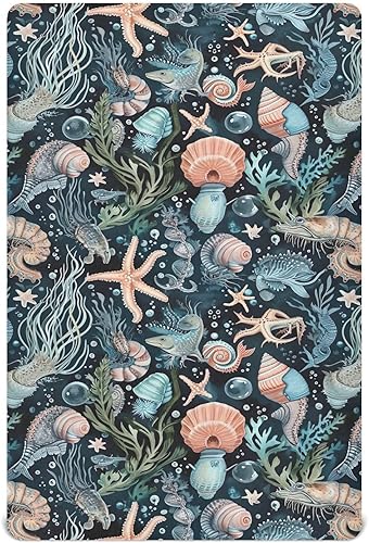 Kigai Fitted Crib Sheet for Boys Girls,Starfish Shell Jersey Knit Baby Sheet for Standard Crib and Toddler Bed Mattresses, Cozy Soft Breathable, 28