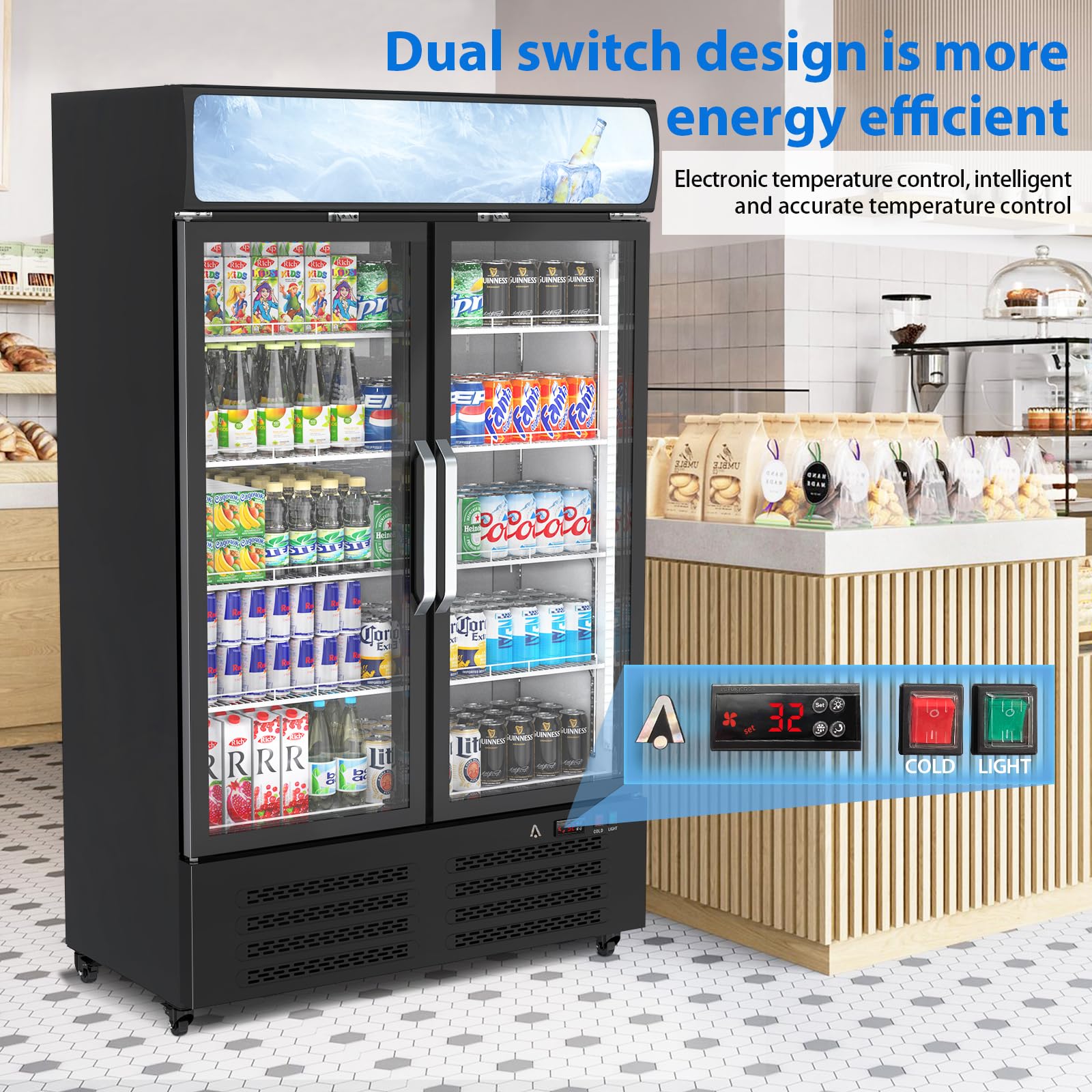 Hobbyfield 25 Cu.Ft. Commercial Beverage Display Refrigerator, Merchandiser Refrigerator Double Glass Door Display Fridge With 8 Adjustable Shelves, Upright Beverage Cooler With LED Lighting, Black on Fridge.com - View 4