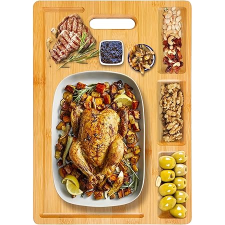 Cutting Boards,20x14''Large Bamboo Cutting Board With 3 Built-In Compartments and Handles,Extra Large Charcuterie Board for Meat (Butcher Block) Cheese and Vegetables