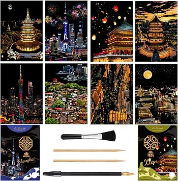 NaiHey Rainbow Painting Scratch Art Pads Crafts Set, Engraving Painting Landscape Scratchboard for Adults - 8 Pieces with Scratch Off Tool -Xian & Shanghai