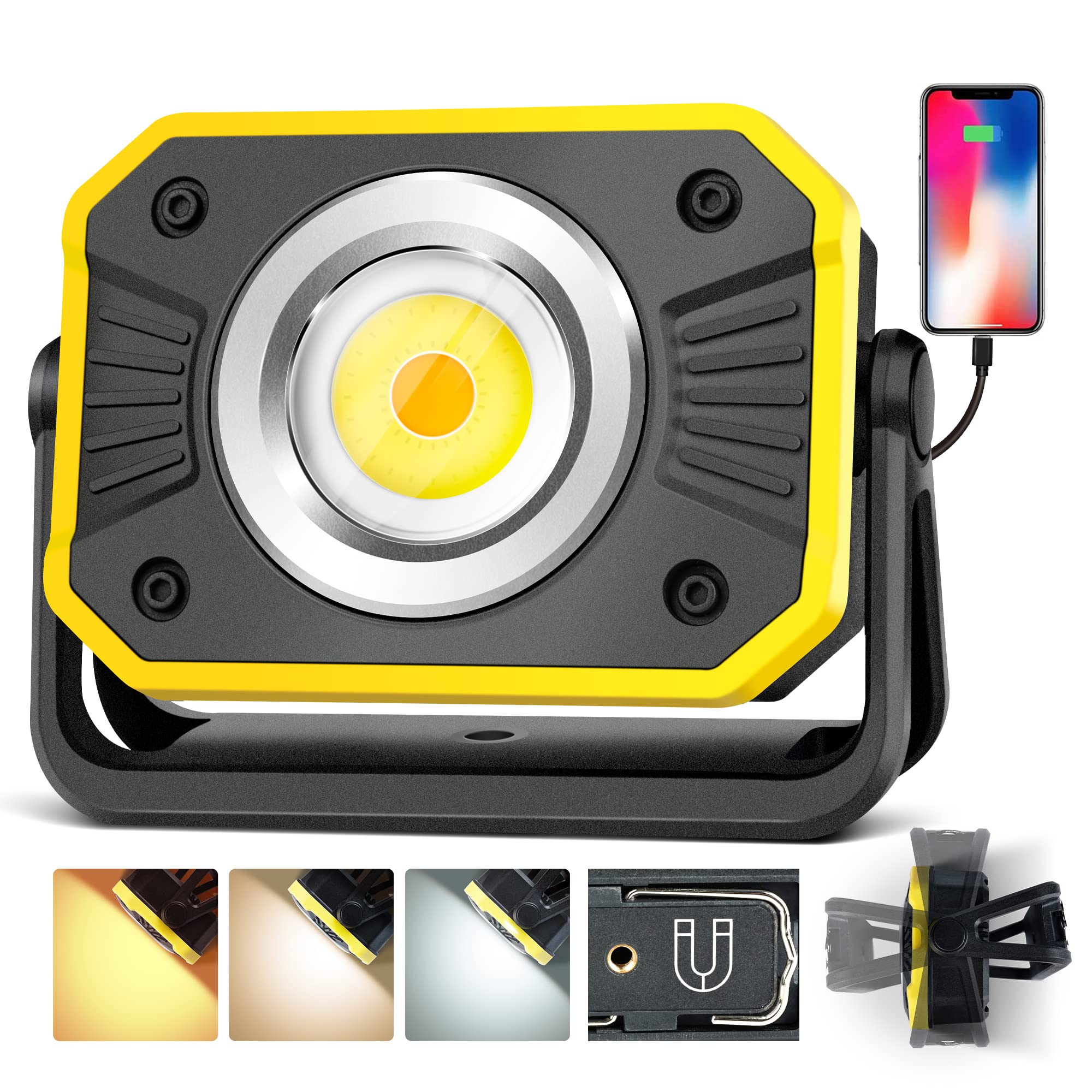LED Work Light, 2000LM Portable COB Rechargeable Work Lights, Magnetic Light, 4 Color Temperature&360° Rotation Mechanic Worklight with Magnetic Base, Hook for Repairing Camping Hiking Emergency