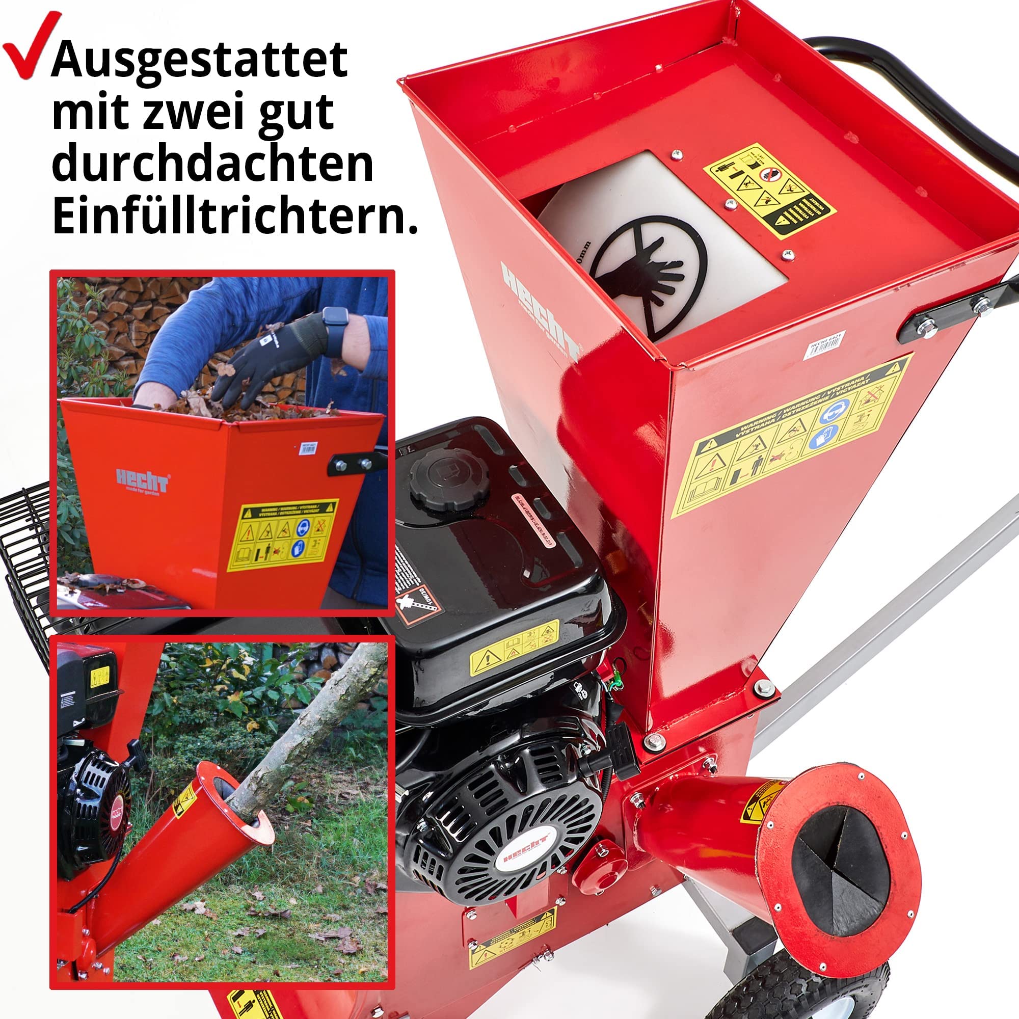 HECHT Benzin Häcksler 13 PS – 4-Takt Gartenhäcksler bis 89 mm | 389 ccm Schredder mit 2 Einfülltrichtern, Fahrwerk & Deichsel – für Gartenabfälle, Astwerk und Holz