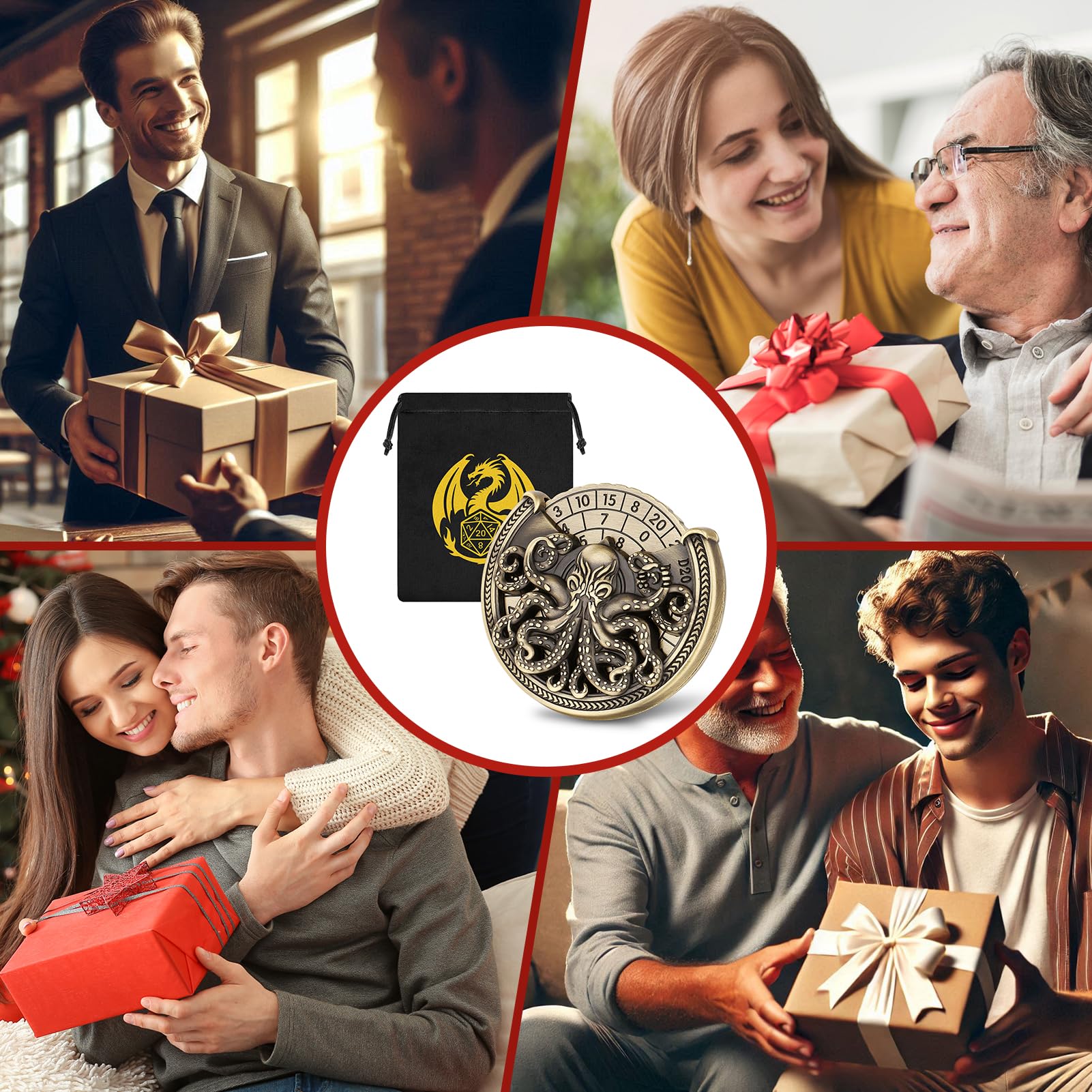 Spinner de Dés DND, Pieuvre 7-en-1 Métallique DND Dés, Gyroscope du Bout Des Doigts, Roulette Dés Spinner, Cadeaux D&D avec Sacs Cadeaux Logo Dragon, Jeu de Rôle, Accessoires de Jeu de Société, Bronze