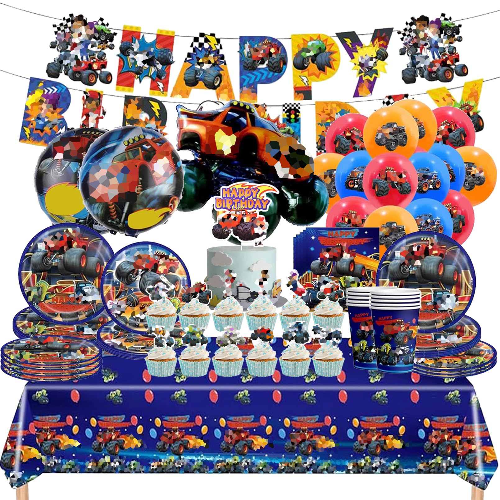 98 Pezzi Monster Truk Stoviglie per Feste di Compleanno，Addobbi Compleanno Monster Truk，Cars Tovaglioli, Tovaglia, Cars Piatti di Carta，Adatto a 10 persone