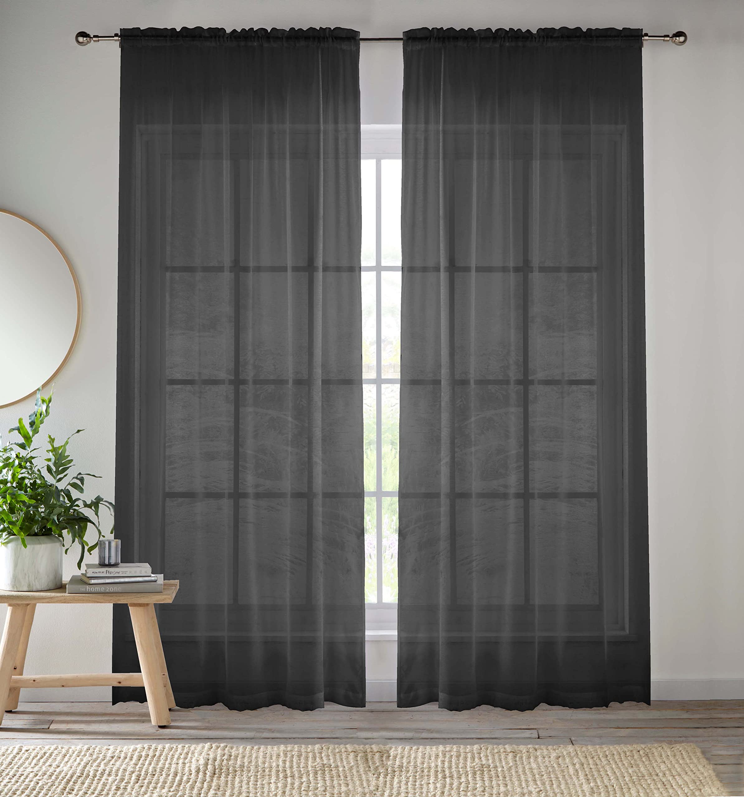 Rackhams Black Plain Sheer Voile Panel Curtains Panel - Pair With Rod Pocket Header - 55" (140Cm) Width X 54" (137Cm) Drop