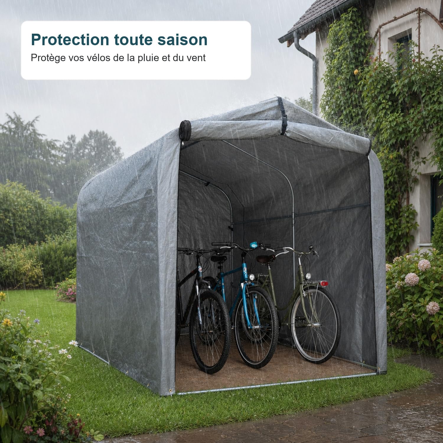 Garage À Vélos Extérieur: Abri de Rangement pour 1 à 3 Vélos ou 1 Moto, Cadre en Acier Galvanisé, 4 Piquets en U, 220 x 157 x 195 cm