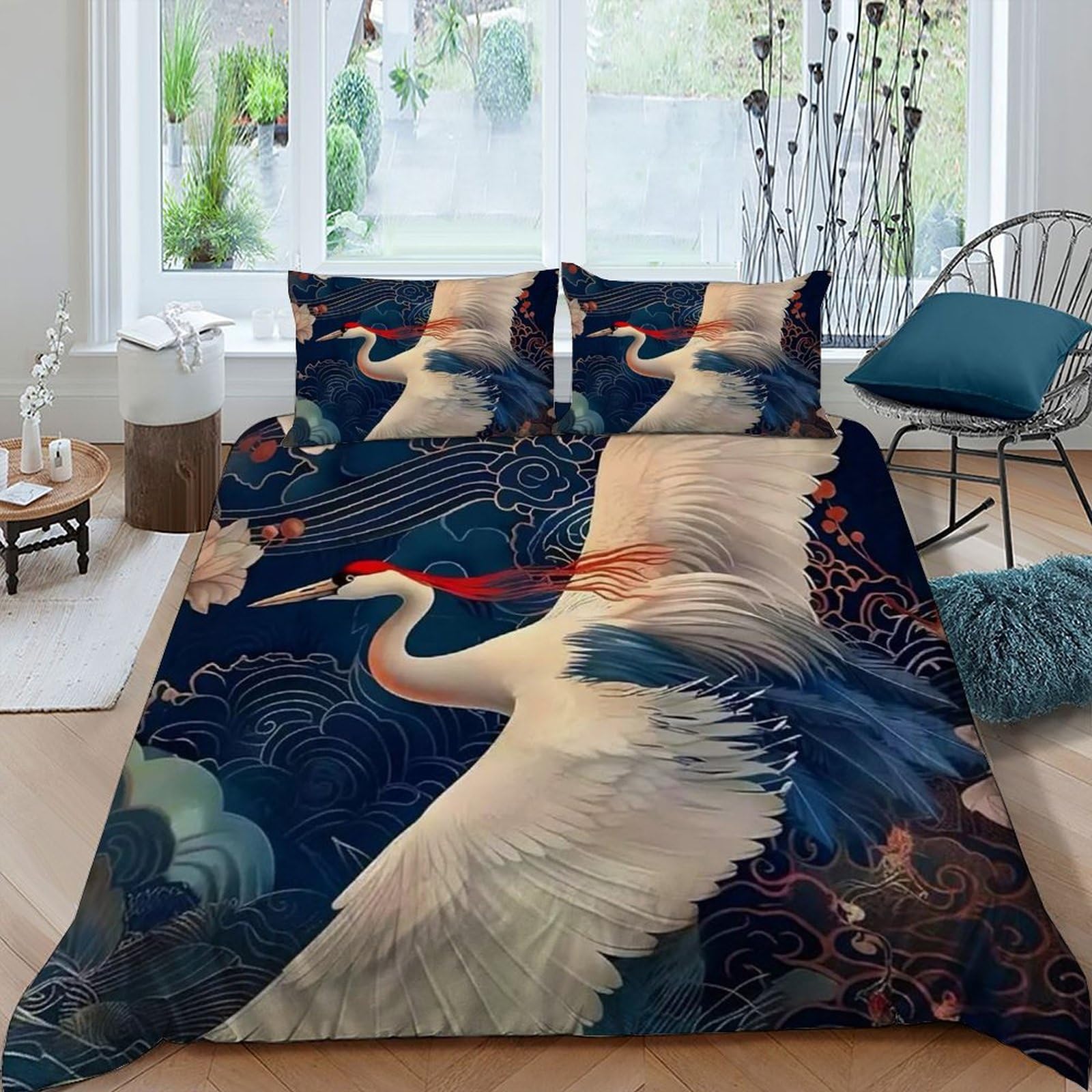 Housse de couette grue blanche 220x240 cm style japonais avec ses taies d'oreiller