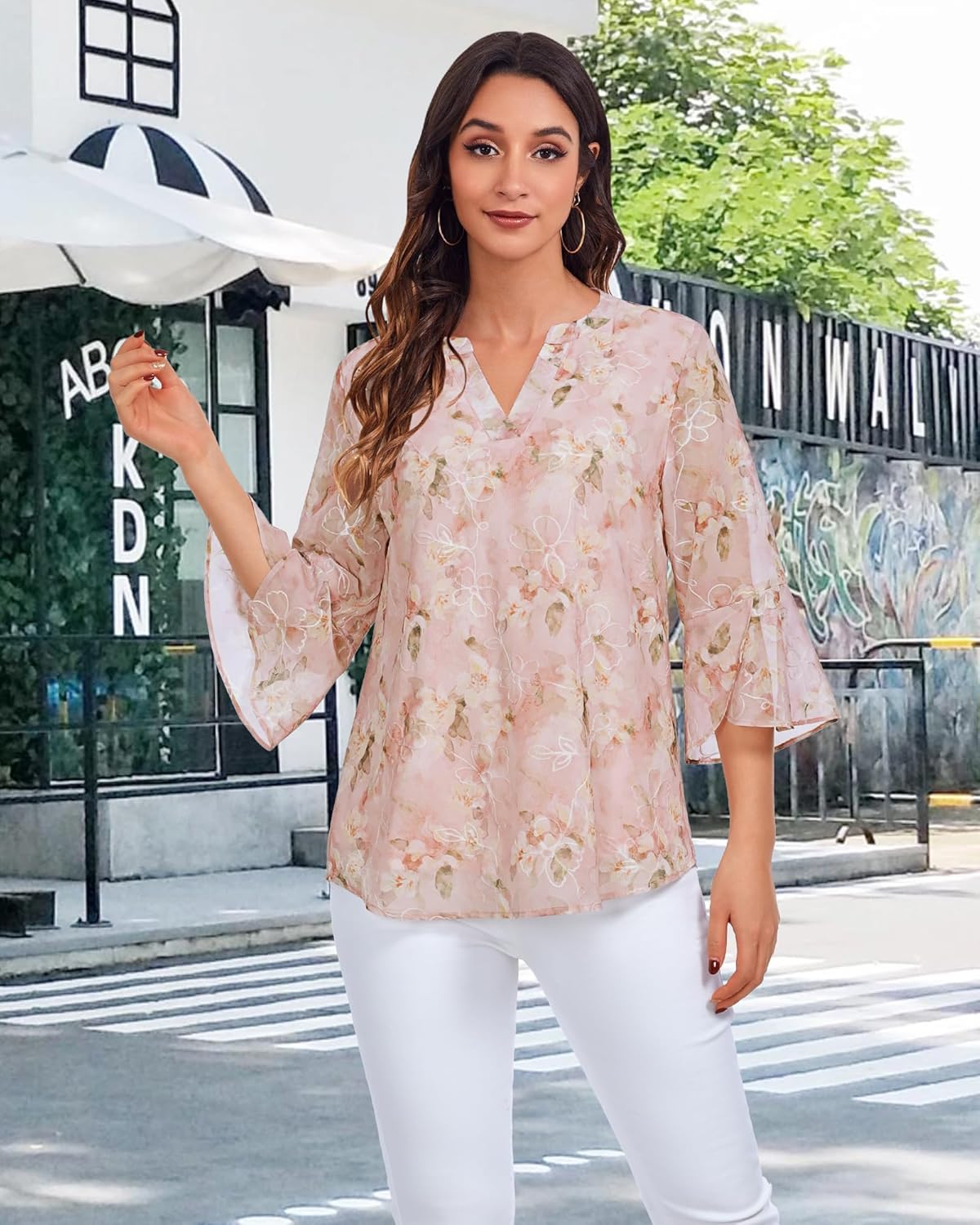 VALOLIA Womens 3/4 Sleeve Tops Dressy Casual Chiffon Blouses Floral Print V-Neck Work Office Shirts - Image 3