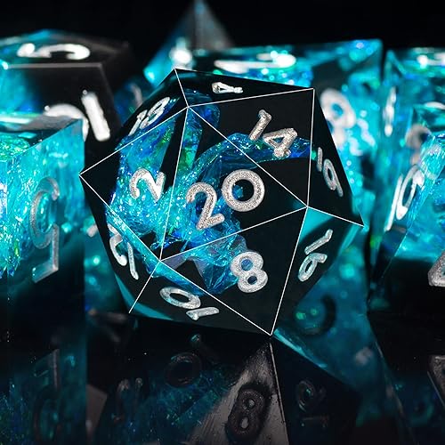 Vista 44 de AUSTOR Juego de dados DND de 7 troqueles hechos a mano, dados poliédricos de resina de borde afilado para juegos de mesa de Dungeons and Dragons RPG