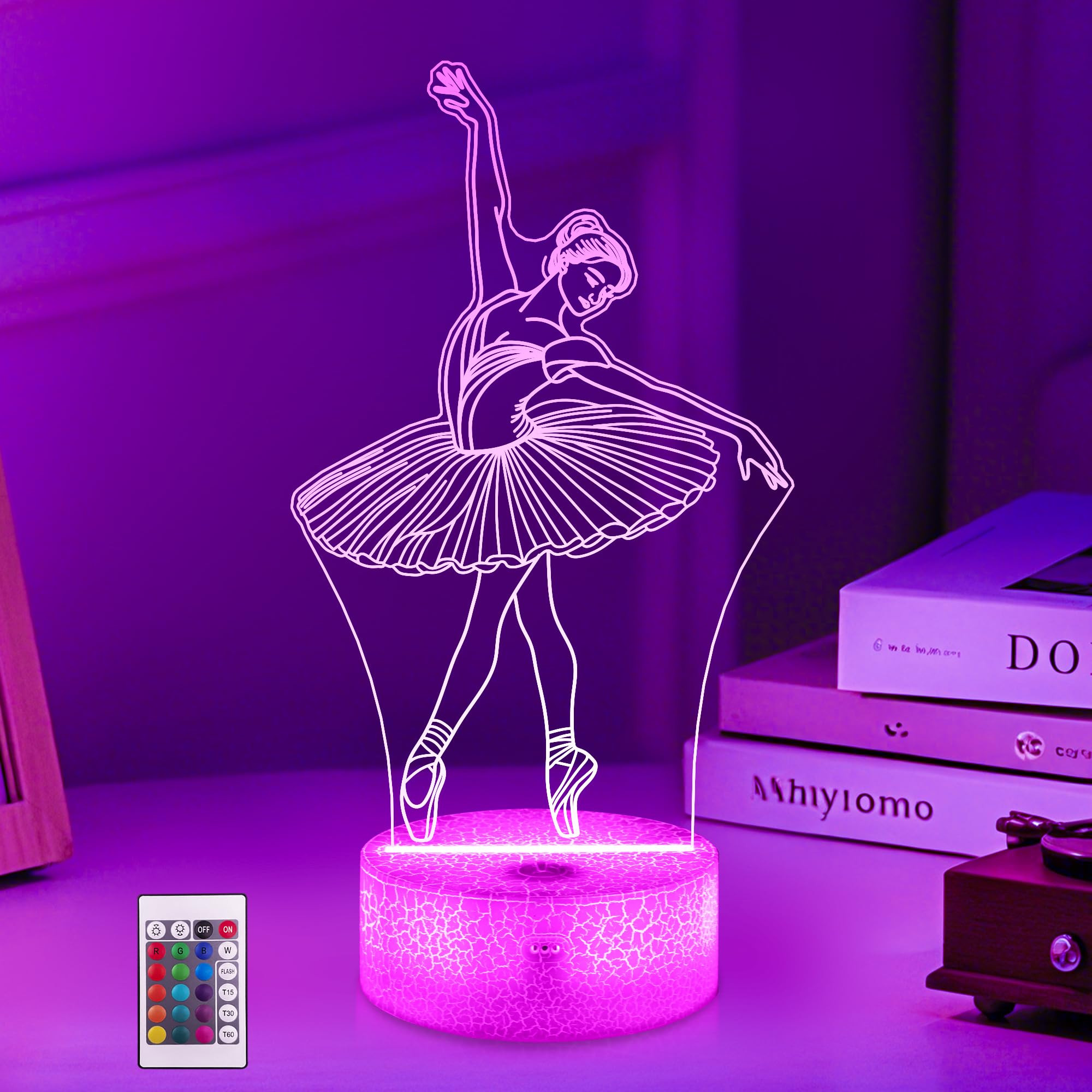 Ammonite Ballett Nachtlicht, Ballerina 3D Lampe 16 Farben wechselnd mit Fernbedienung und Timer, Frauen Ballett Deko Licht Geburtstag Weihnachtsgeschenke für Mädchen Sport Fan