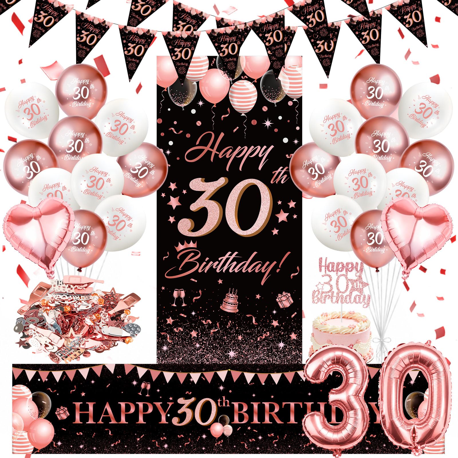 WenmthG Deko Geburtstag Mädchen, Geburtstag Deko Schwarz Rose Gold Set mit lange Banner, Luftballons, Konfetti, Dreieck Flagge Banner, Geburtstags Dekorationen zum Geburtstagsparty